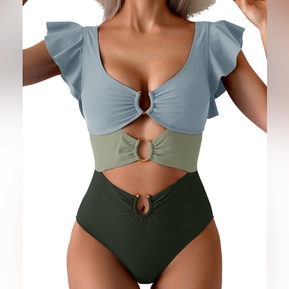 B2prity One Piece Cut Out Swimsuit Women’s US Size L Ruffle Tie Back Sexy NWT - Picture 1 of 7